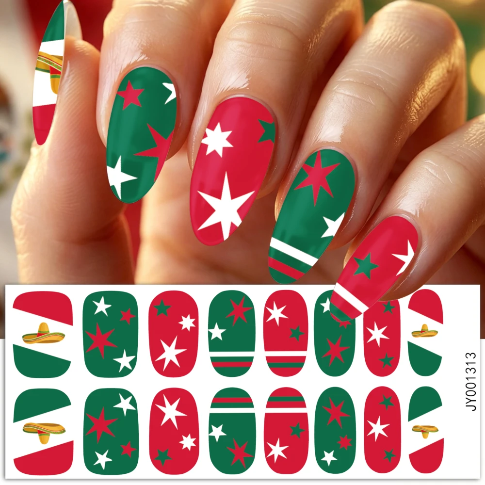 16Tips Football Match Fans Nail Art Stickers Mexico Green White Red Heart Soccer Nail Wrap Full Cover Adhesive Sport Fans Slider