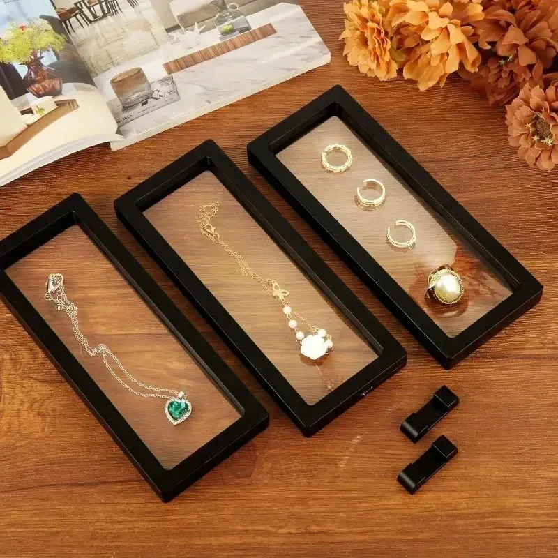 5Set 3D Rectangle Floating Frame with Base, Elastic Telescopic Storage Box for Earrings Rings Brooch Display