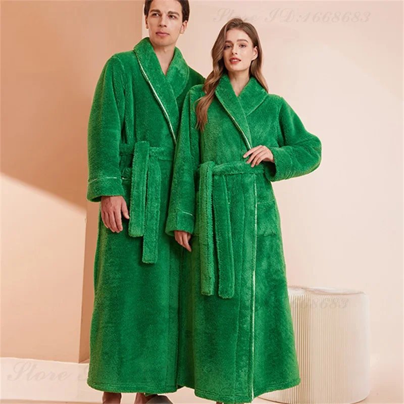 Autumn Winter Coral Fleece Robe Double Sided Thicken Flannel Couple\'s Long Home Clothes Long Bathrobe Sleepwear Loose Loungewear