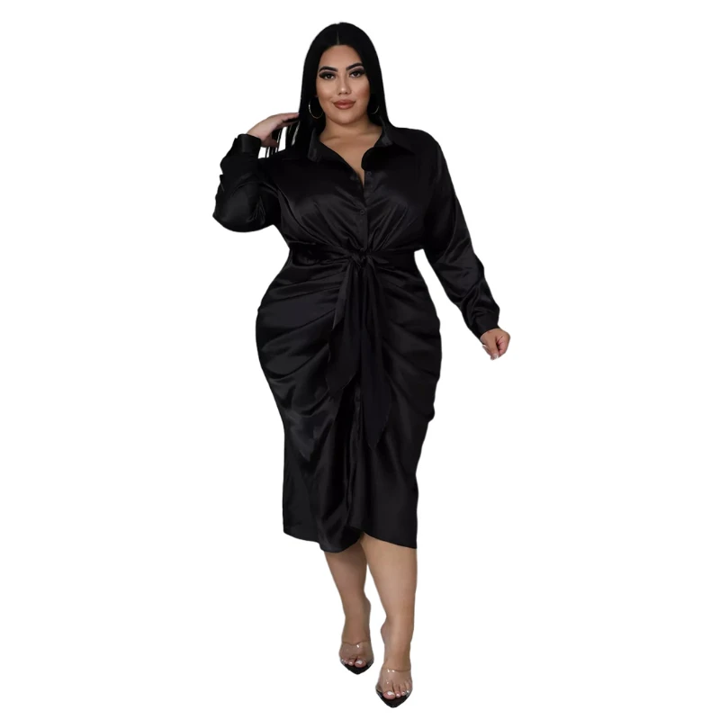 Elegant Satin Plus Size 5XL Women Shirt Dress Sexy Ruched Dresses Lace Up Evening Party Midi Drerss Vestido Africano Feminino