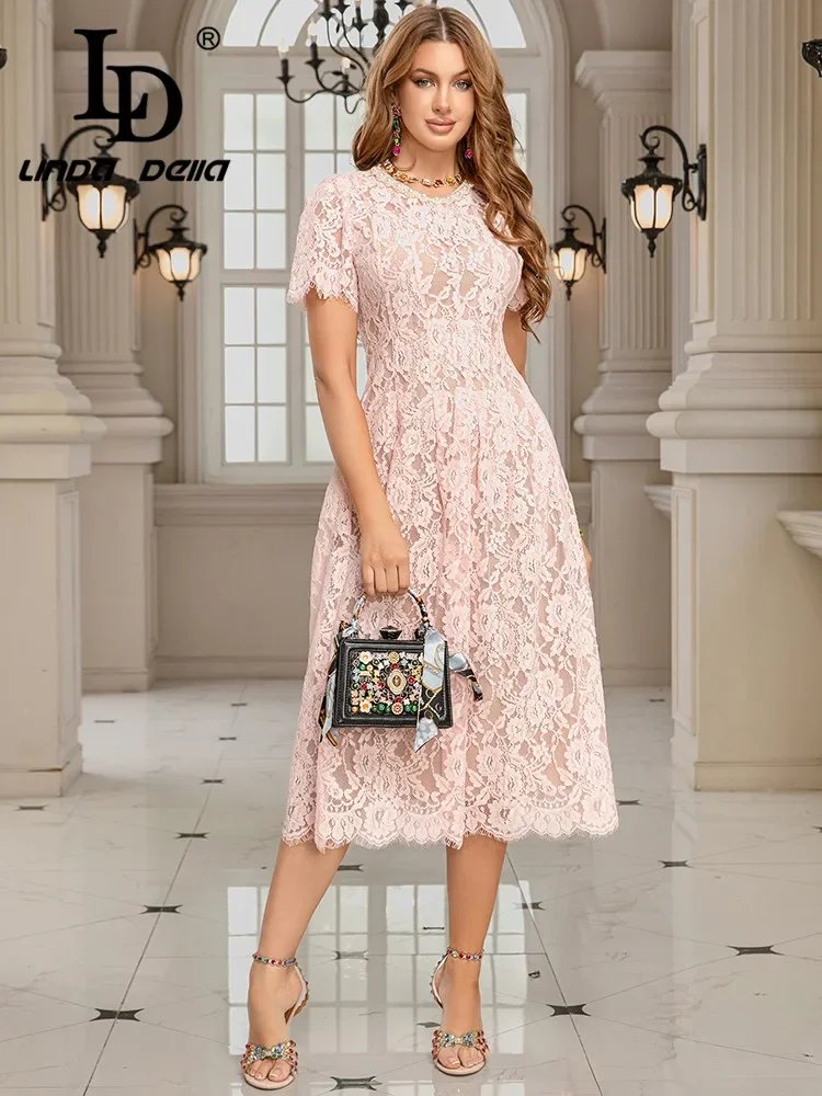 

Новое платье LD LINDA DELLA весна-лето: французский стиль, круглый вырез, короткий рукав, кружевные цветы, с пайетками, приталенное, для женщин