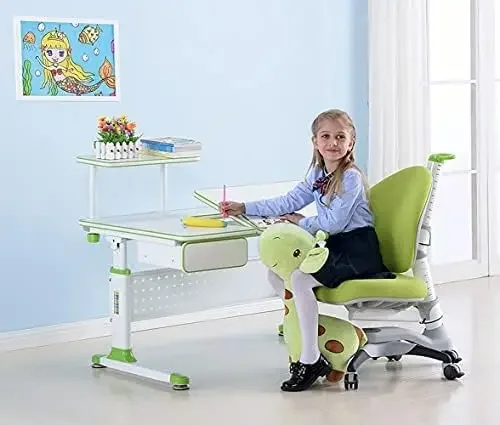 

Study Table and Chair, Writing Desk with Height Adjustable Desk for Kids, Easy Assembly, Kids Study Desk with Tilted Top