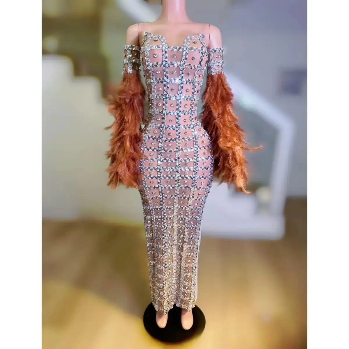 

Nightclub DJ Bar Female Singer Dance Team Stage Clothing Sexy Full Diamond Mesh Feather Slimming Long Dress Party Theme Show