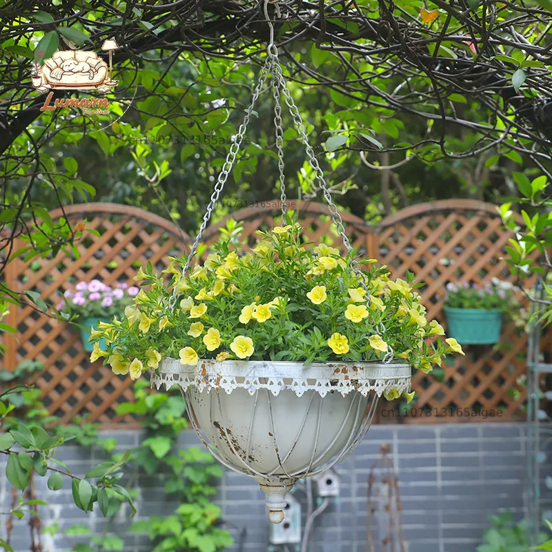 Wrought iron lace hanging basin, European retro mottled old princess style double-layer set of two hanging iron basin
