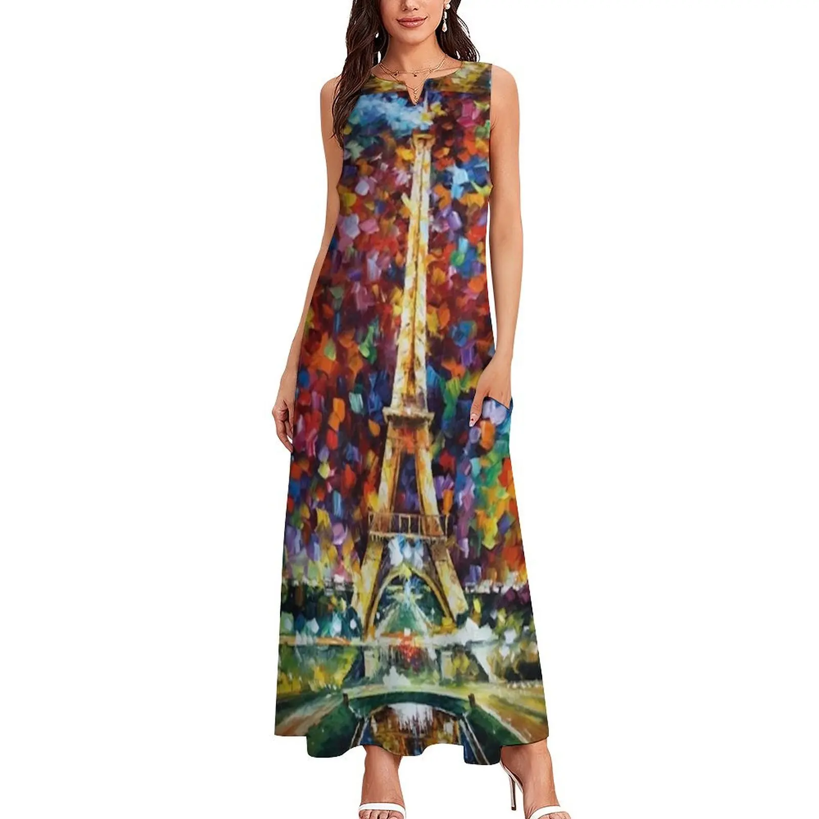 Paris Eiffel Tower at night - oil painting on canvas Long Dress Party dresses women evening dress Womens dresses