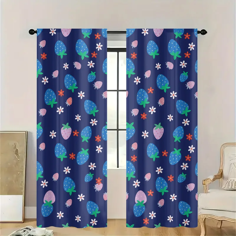 Cute Strawberry Floral Print Curtain Panels Semi-Sheer Blue Window Curtains Decorative Kitchen Bathroom Window Treatment Summer