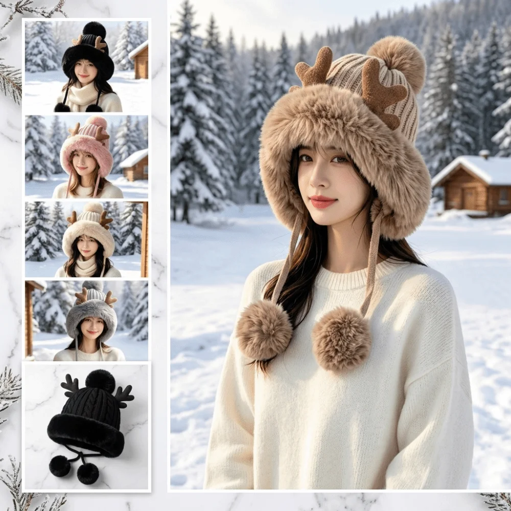 Cute Thick Knit Trapper Hat Warm Insulation Deer Antler Design Winter Hat Pom-Pom Detail Pom-Pom Beanie Cold Weather