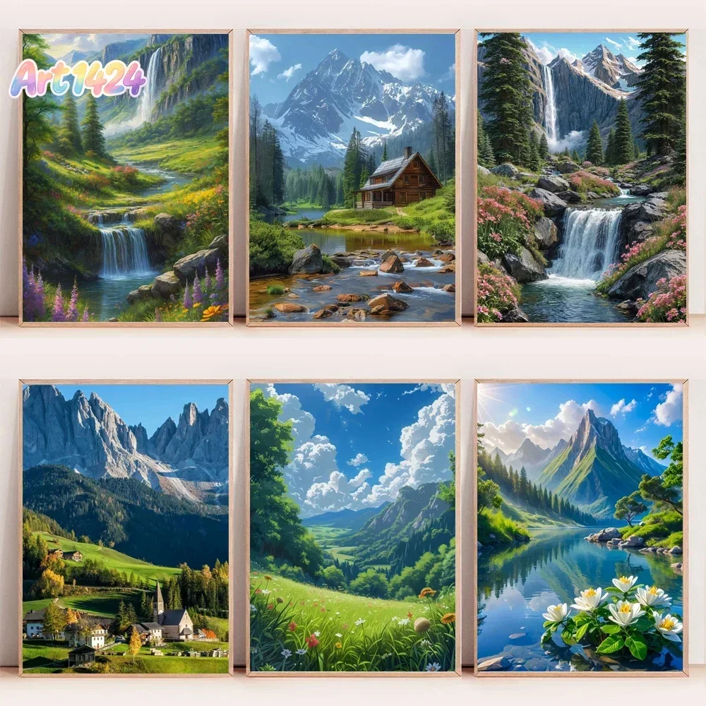 Mountain View Poster Canvas Painting Natural Landscape Forest Flower Hut Stream Waterfall Trees Wall Art Pictures Home Decor