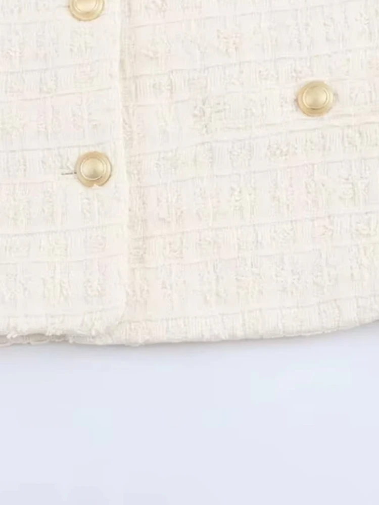 Veste en Tweed à manches longues pour femmes, poches avant, boutons dorés, manteau à col rond, vêtements d'extérieur pour femmes, hauts chics, à la mode