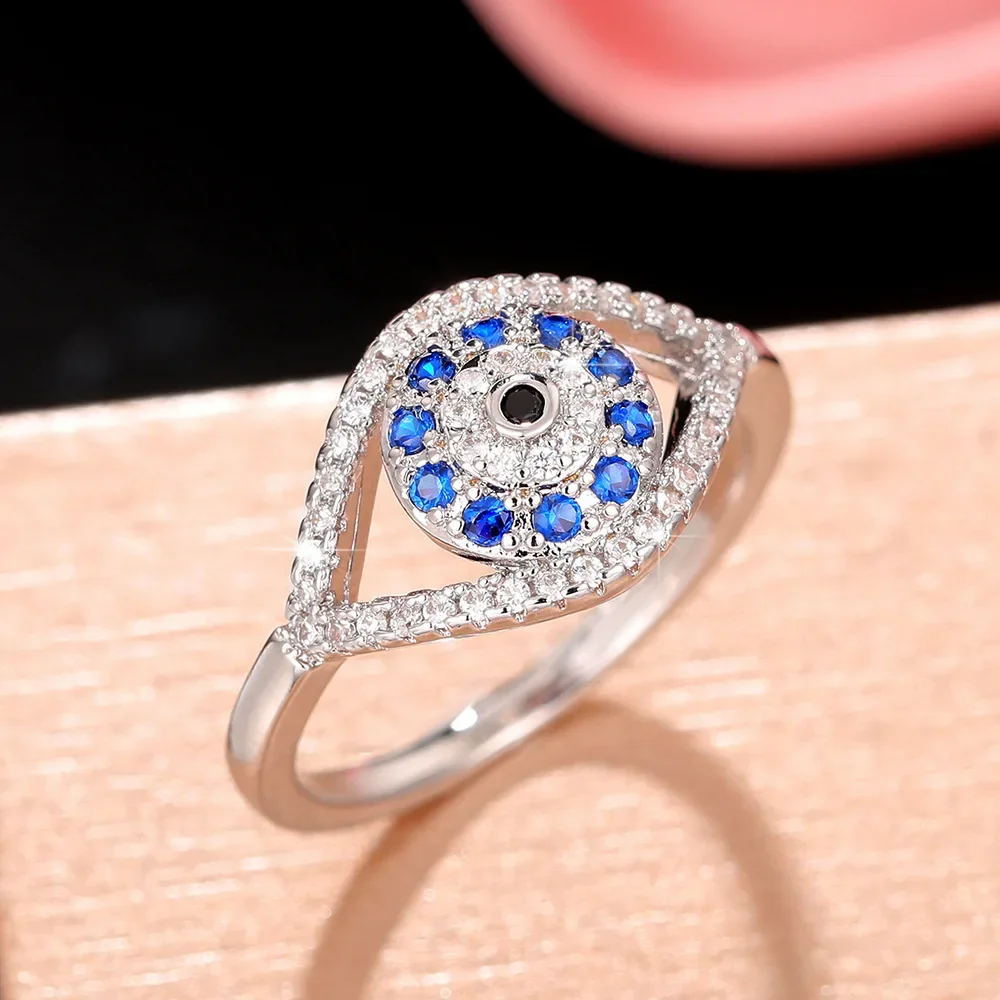 YILUOCD Elegant Dark Blue Zirconia Rings Cubic Zirconia Turkish Evil Eye Signet Ring for Women Jewelry Protection Lucky Gift