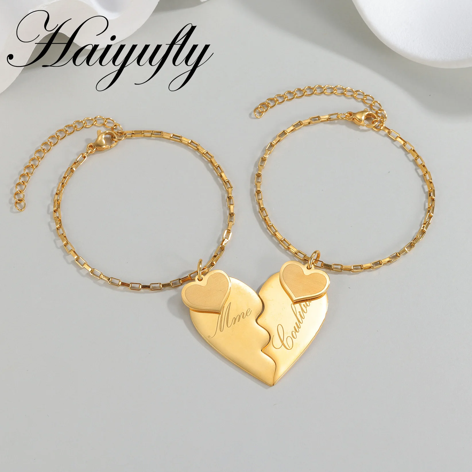 

Haiyufly Engrave Name Heart Puzzle Bracelet for Women Stainless Steel Jewelry Custom Couple Family Birthday Personalized Gift