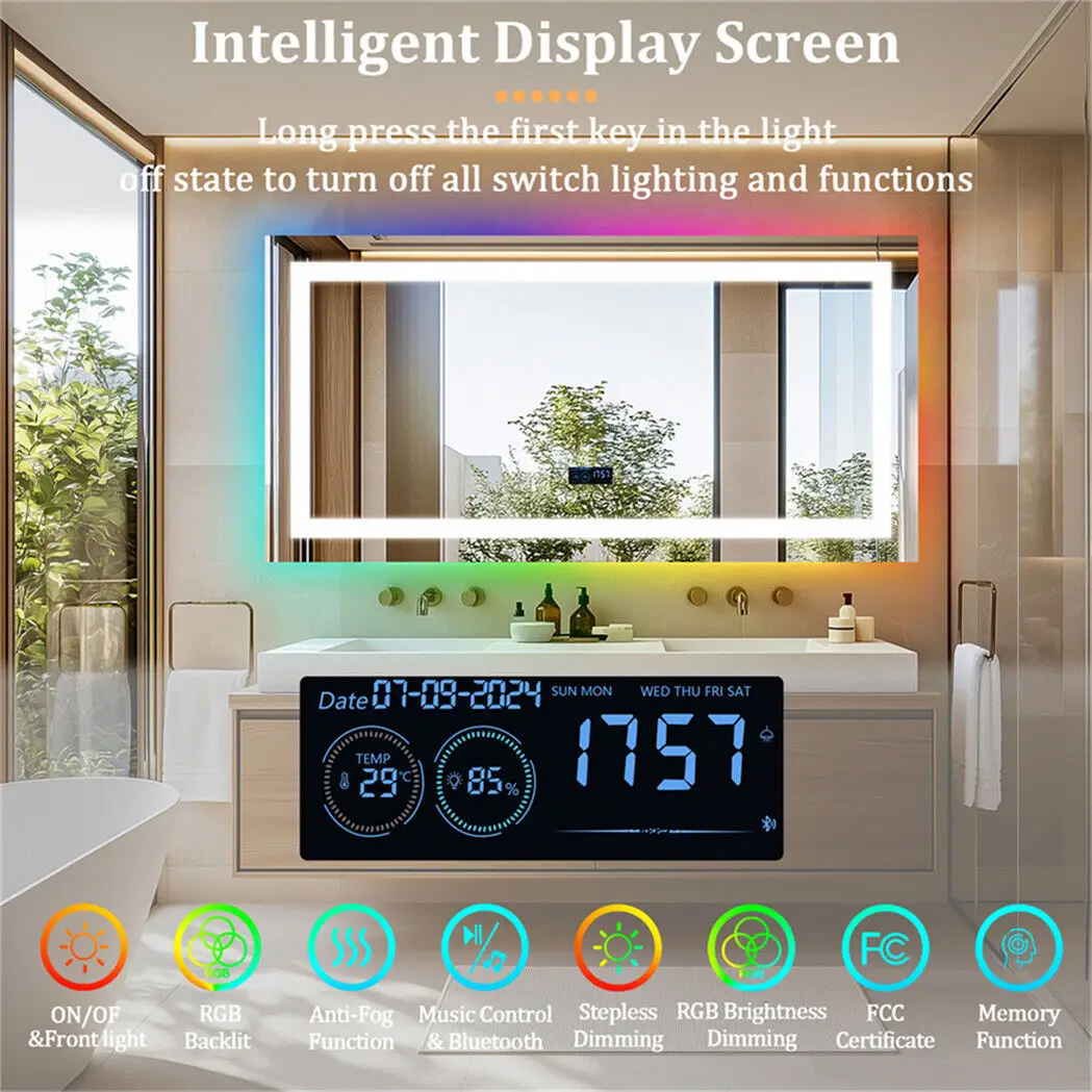 XXL LED Bathroom Mirror w Bluetooth Dimmable 3 Colours Front, RGB Backlit, Anti-fog, Memory Function, Time Temperature