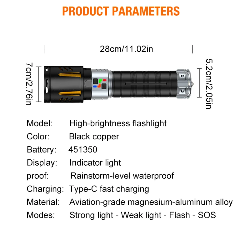 All-aluminum alloy of large-capacity flashlight supports TYPE-C charging, and the tail is equipped with an emergency window brea