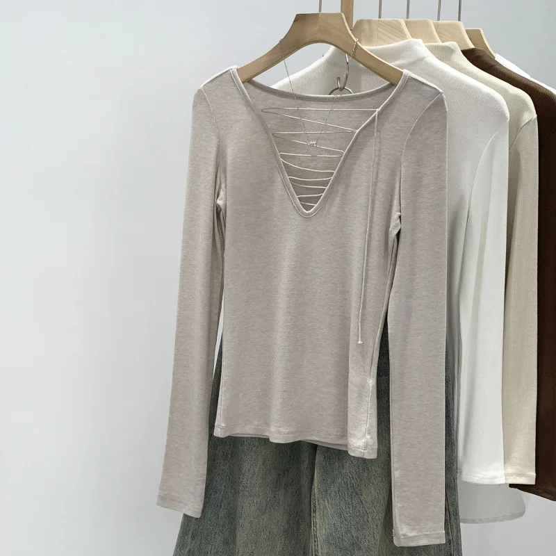 

Women's Long Sleeve T-Shirt Lenzing Lyocell Wool Tie Design Base Shirt Autumn Winter New Style Sensation Slim Fit V-Neck Casual