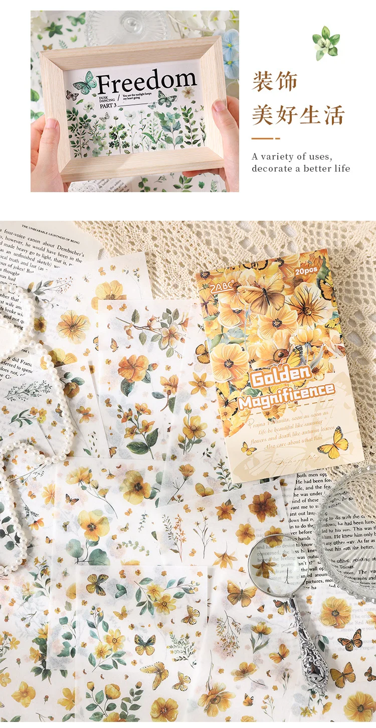 20 Sheets/pack Flower Images Die-cut Washi Sticker Book Watercolor Painting Plants Scrapbooking Creative Journal Collages