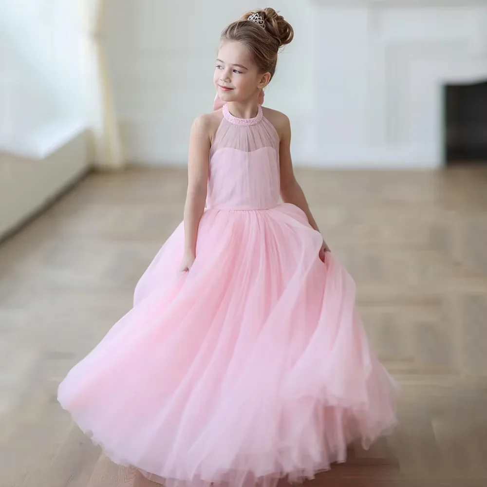 Princess Party Flower Girl Dress Pink Birthday  Halter Sleeveless Tulle Festive Costumes First Communion Dresses