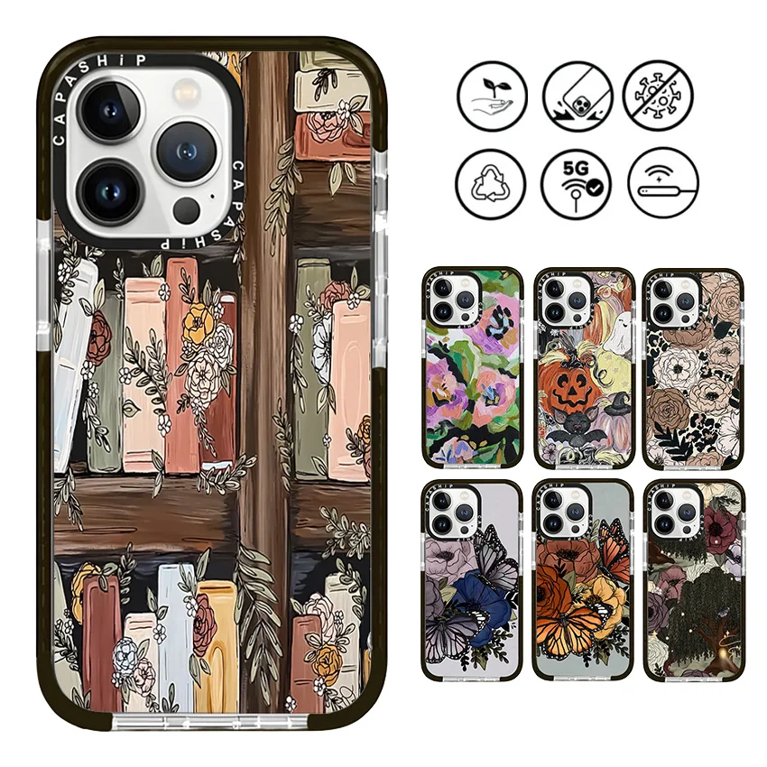 Painting Bookshelf Flower Butterfly Case For iPhone 16 15 14 13 12 11 Pro X XS XR Max 7 8 Plus SE Soft TPU Shockproof Back Cover