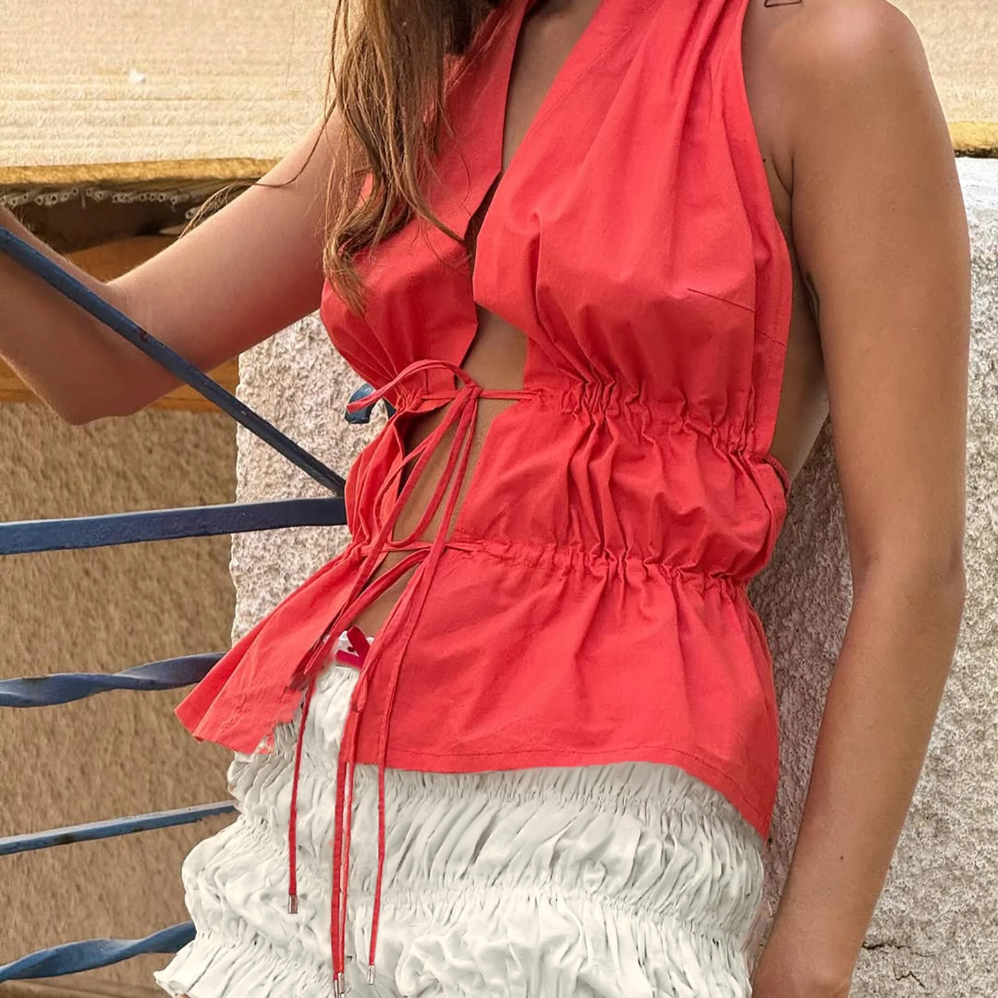 

Holiday Sexy Bandage Split Halter Tops Beach Style Slim Backless Deep V-Neck Sleeveless Tank Tops Women Summer Fashion Ladies