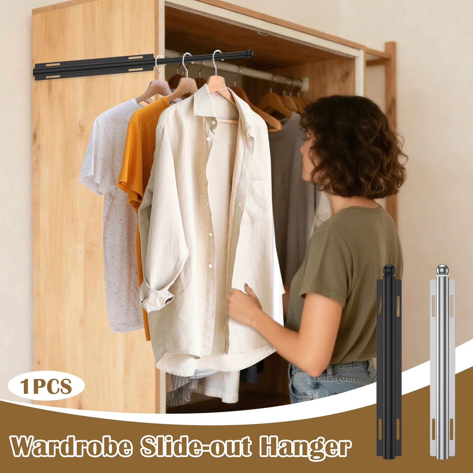 Valet Rod for Closet Pull Out Retractable Closet Valet Rod Slide Out with 4 Hooks for Hanging Suits Freshly Pressed Clothes