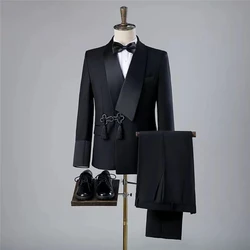 Luxo elegnet personalizado terno preto para homens de alta qualidade casamento formal noivo festa moda smoking 2 peça conjunto blazers calças 2024