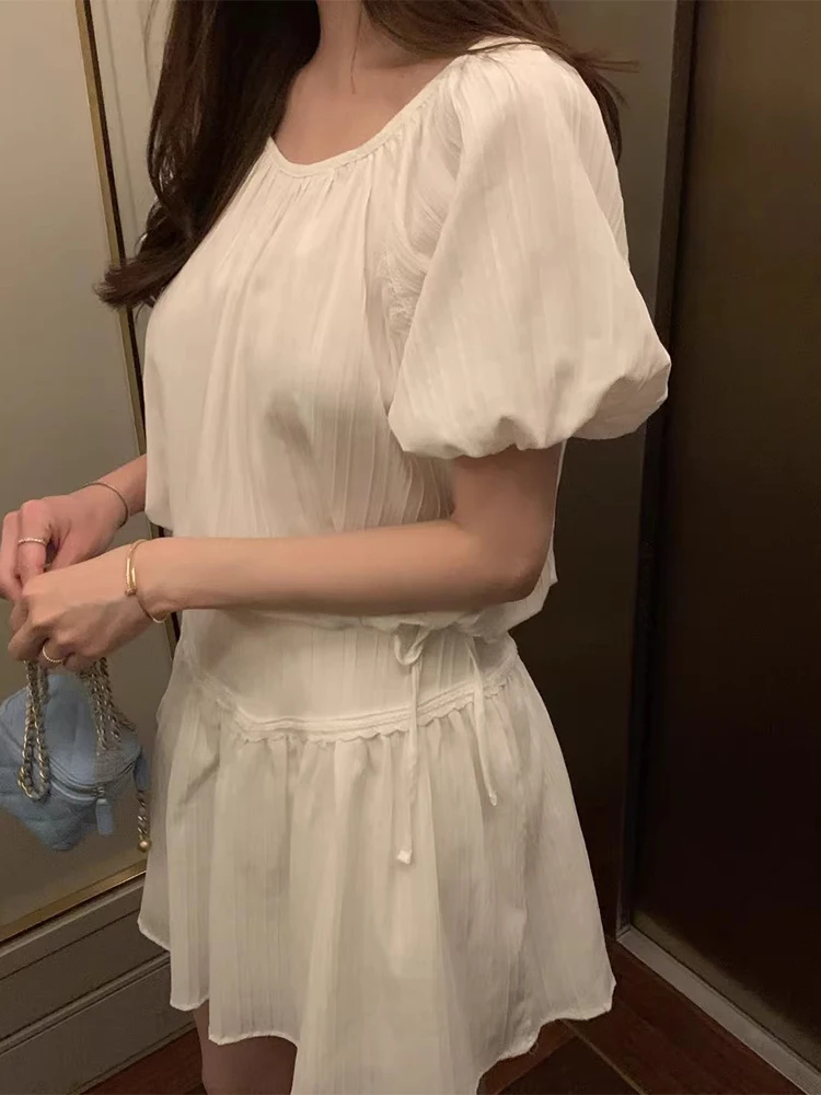 

Шикарный летний комплект с кружевной юбкой f-длины ort Sve irt Ele Gentle, универсальный лоскутный ансамбль с высокой талией и поясом