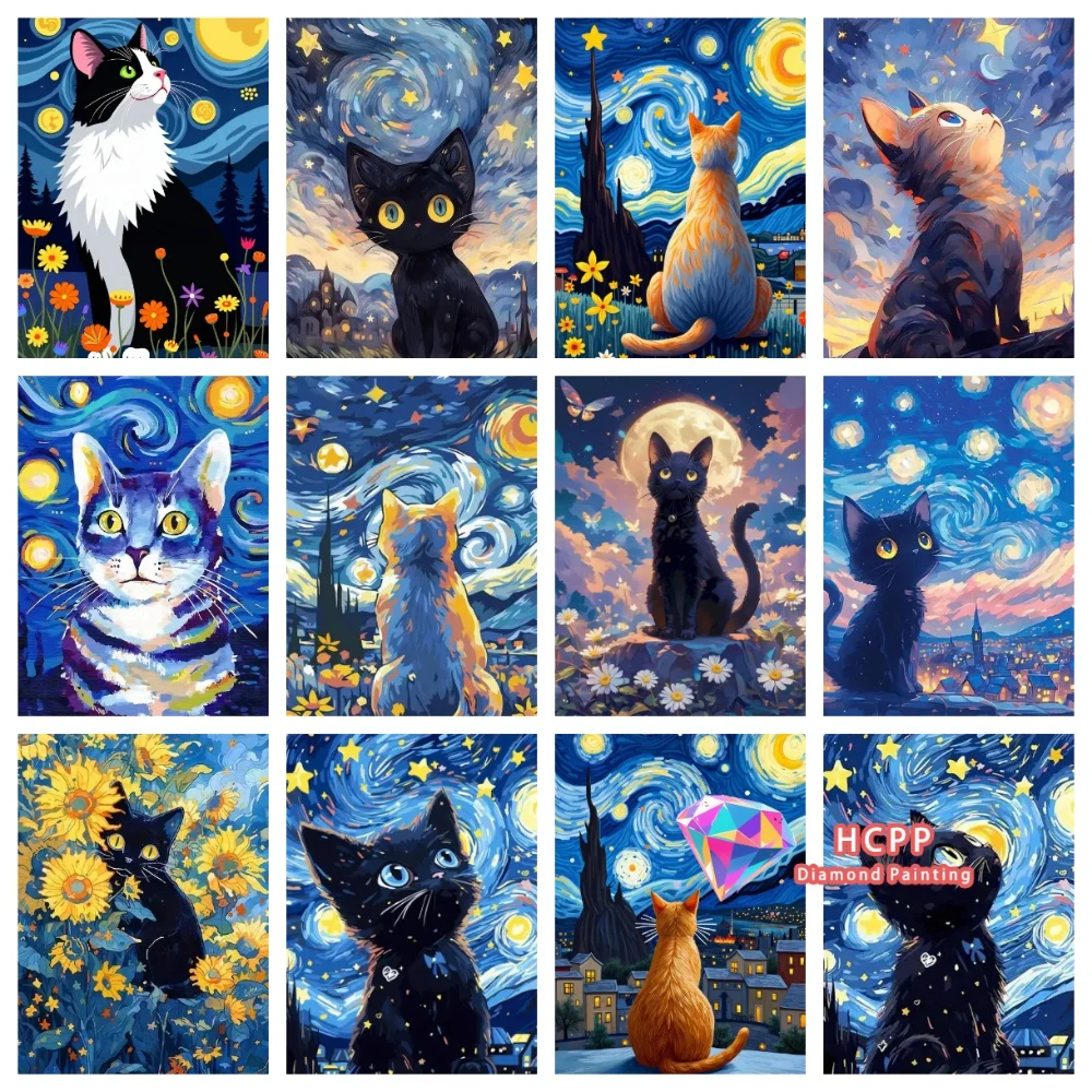 Mond Sternenhimmel Katze Diamant-Malerei-Set Quadratische Runde Diamanten 5D DIY Mosaik Handgemachte Kunst Einzigartiges Exquisites Geschenk Handwerk Heimdekoration