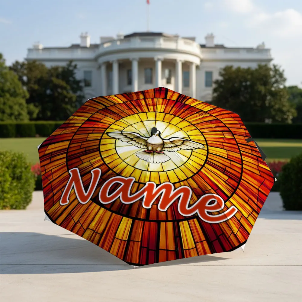 Custom Name Umbrella Stained Glass Dove Religious Art Print Folding Umbrella Compact Portable Travel Parasol For Faith Decor