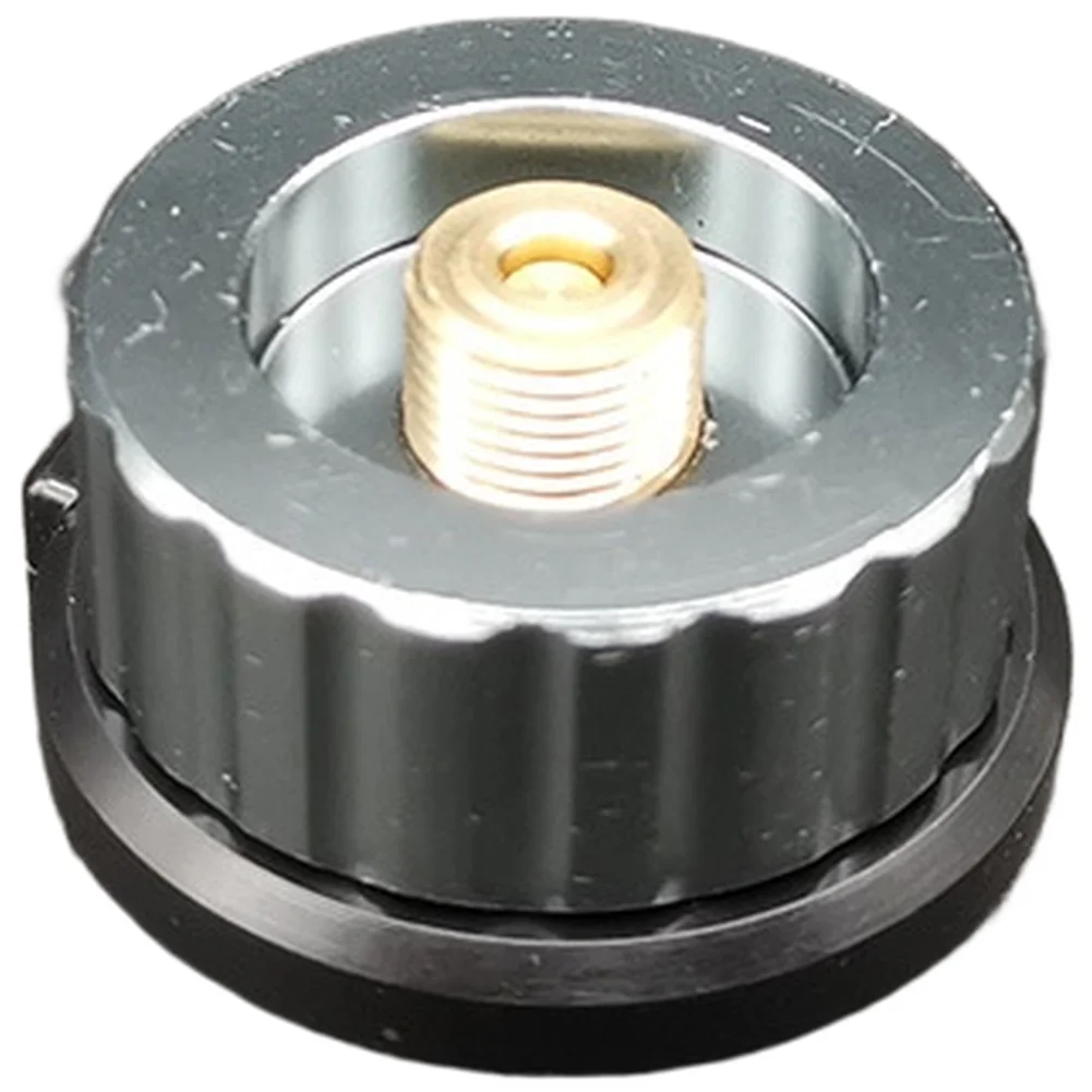 Grey gold fuel canister adapter with screw in fitting and automatic shut off for flat and For long canister use