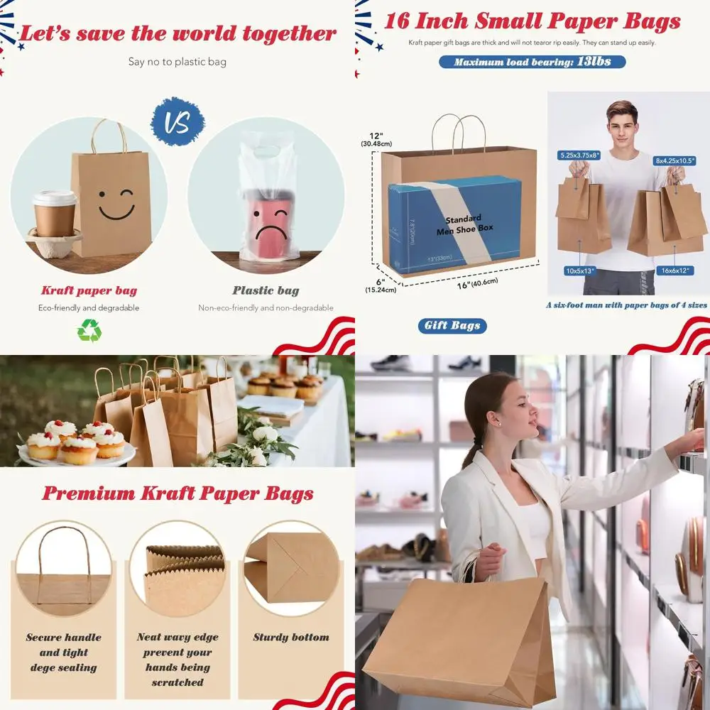 

200 Pack Brown Kraft Paper Bags 16x6x12 with Handles - Ideal for Small Businesses, Retail, and Gift Packaging