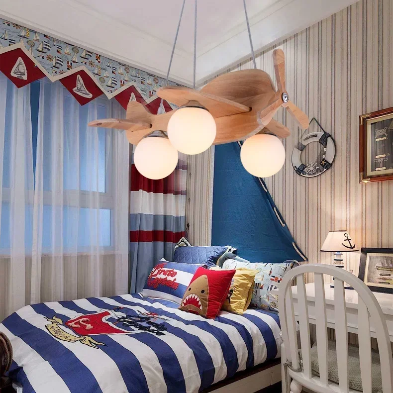 

Cartoon Wood Airplane Chandelier For Children Kids Boy Bedroom LED Hanging Pendant Lamp Nursery Aircraft Suspension Lights