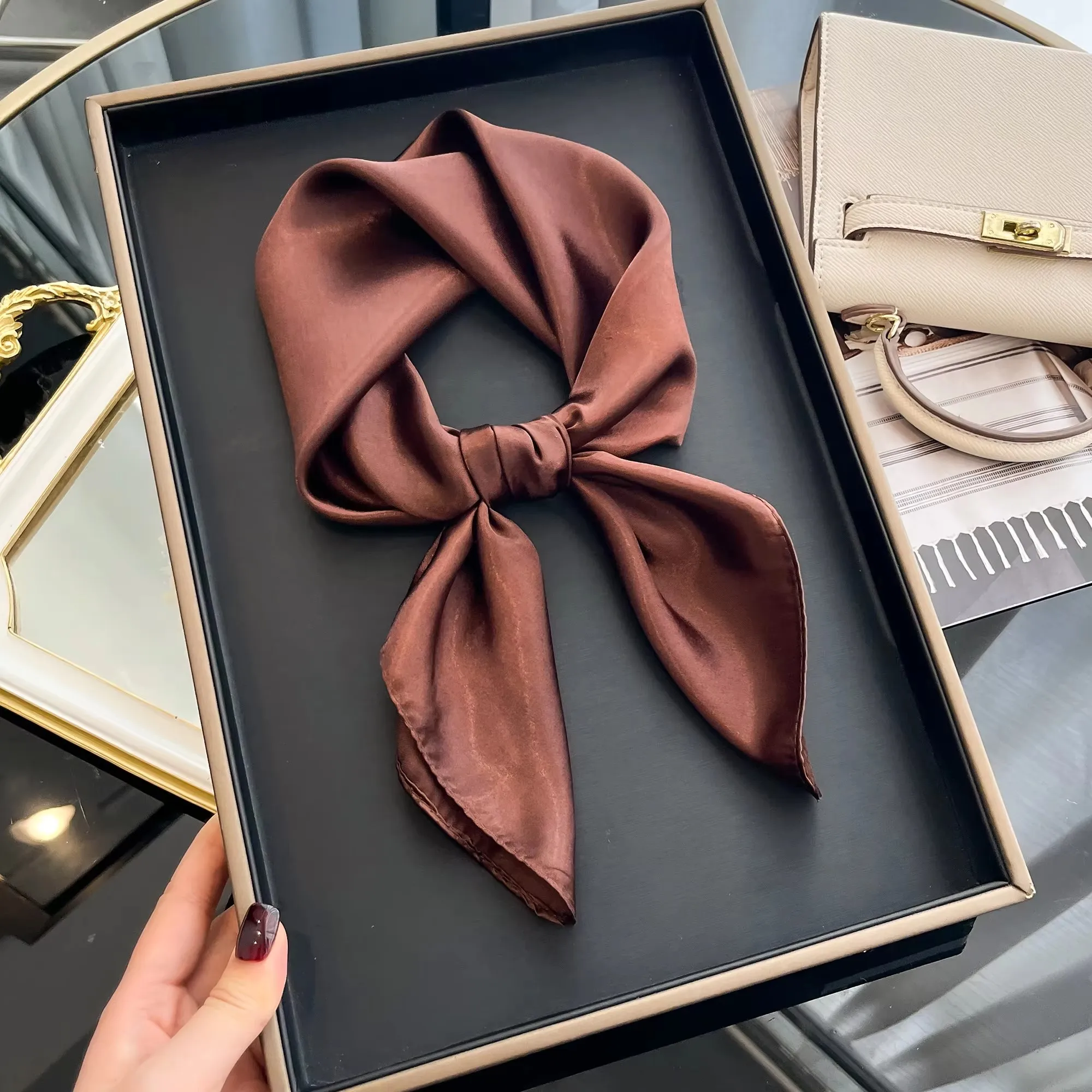 70cm Solid Colors Neckerchief Hijab Scarf For Women Silk Satin Headband Hair Scarves Female Square Shawls Head Scarfs For Ladies image 2