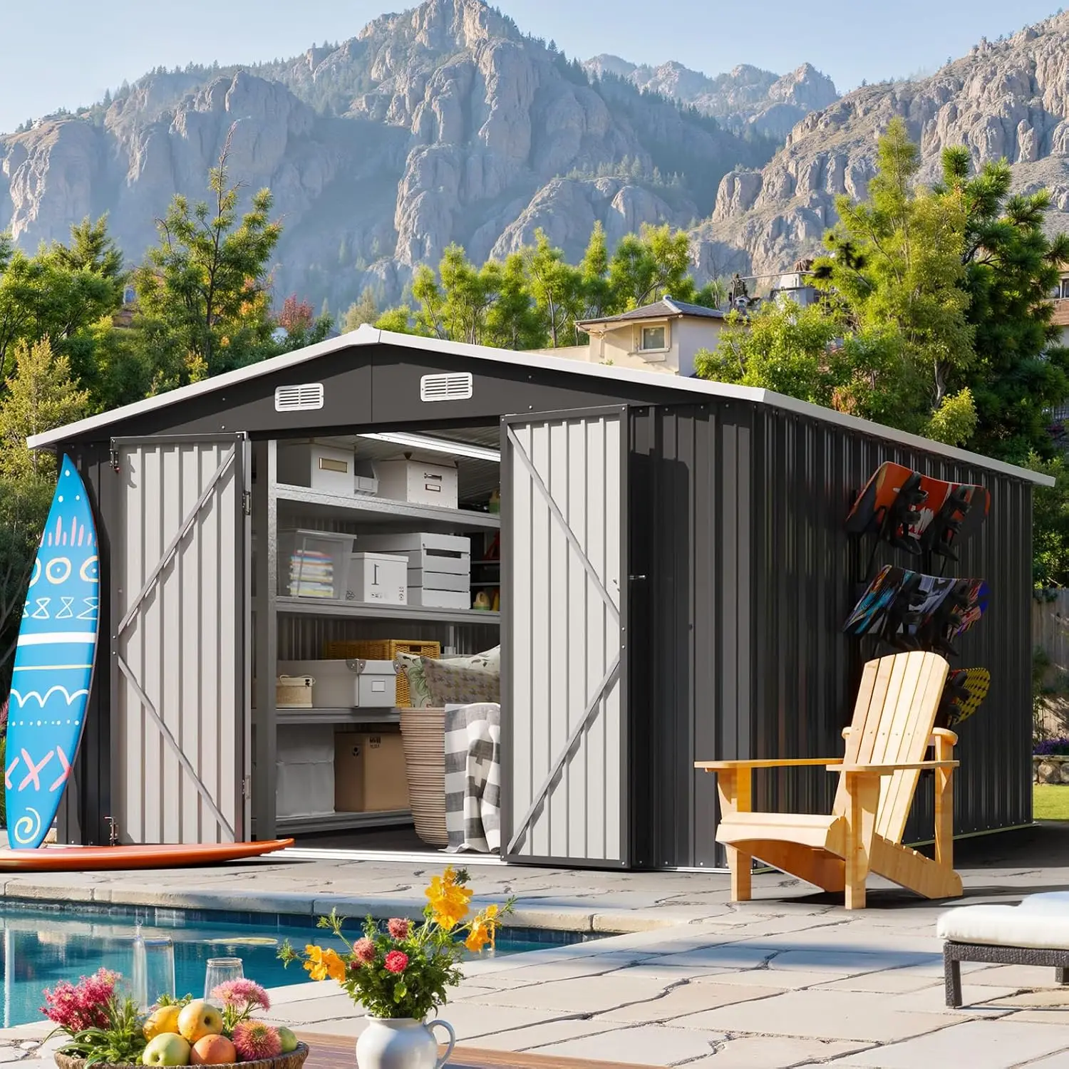 10x12 FT Outdoor Storage Shed, Utility Steel Tool Shed with Lockable Door and Air Vents, Galvanized Metal Shed for, Customized