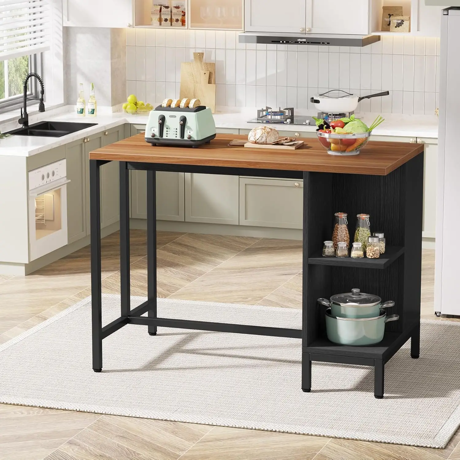 Little Tree Kitchen Island With 5 Storage Shelves, 43 Inch Kitchen Shelf Coffee Bar Table With Large Worktop, Industrial