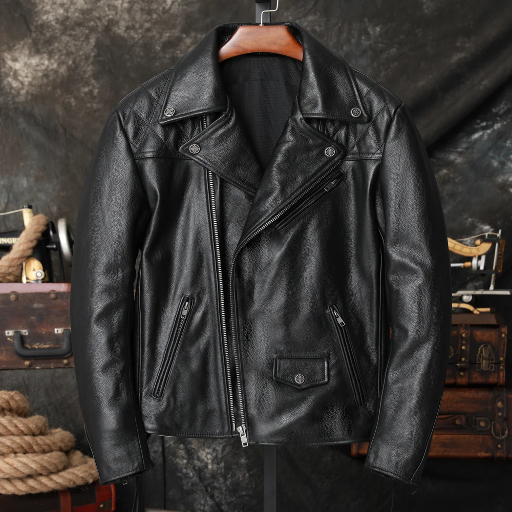 Black Autumn Leather Jacket Men Sports Style Plus Size 5XL Genuine Natural Cowhide Diagonal Zipper Add Protection Device Coat