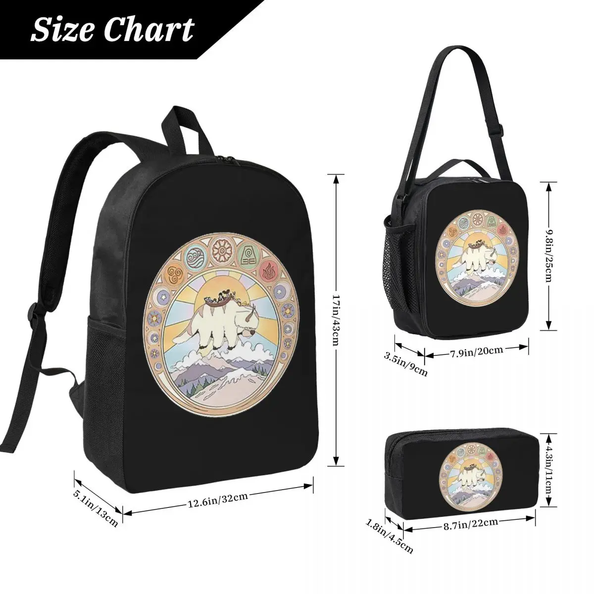 Team Avatar And Elements Design Backpack Boys Girl BookBag School Bag Computer Shoulder Bags 3ps Insulated Lunch Bag Pencil Case