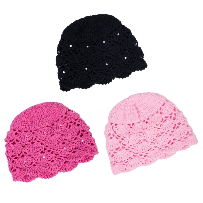 Winter Adult Knitted Hat with Pearl Decor Hollow out Hat Winter Hat for Cycling Dropship