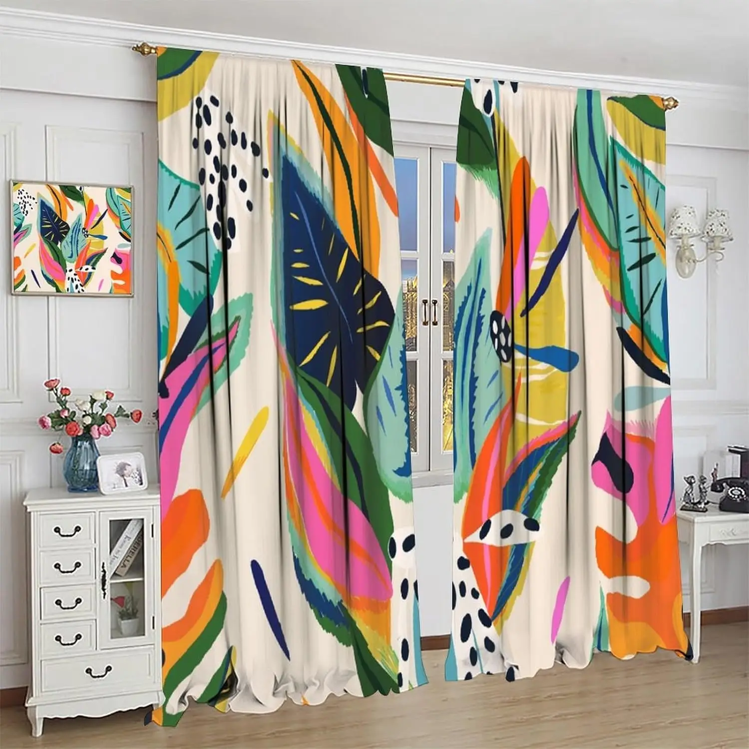Colorful Flower Window Curtains,Abstract Bright Flower Blossom Botanical Print Rod Pocket Curtain Light Filtering Drapes for