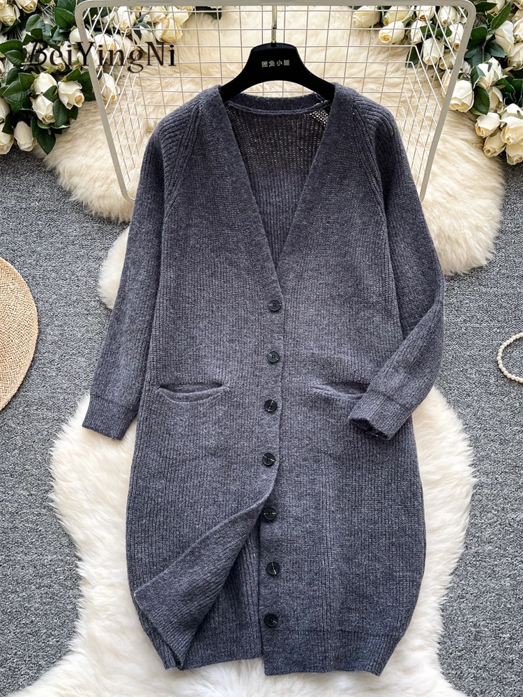 

Beiyingni 2025, зимние женские однобортные кардиганы для отдыха, уличные длинные пальто с v-образным вырезом и карманами, женский однотонный свитер