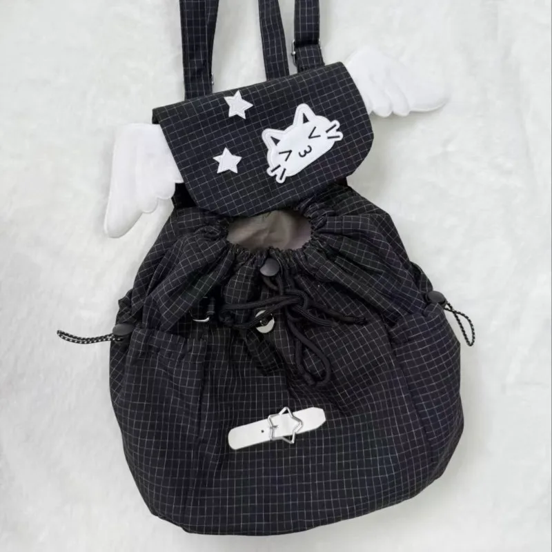 Embroidery Cat Backpacks Back To School Grid Y2K Star Wing Backpacks Versatile Symbol Drawstring Rope Large Capacity Backpacks