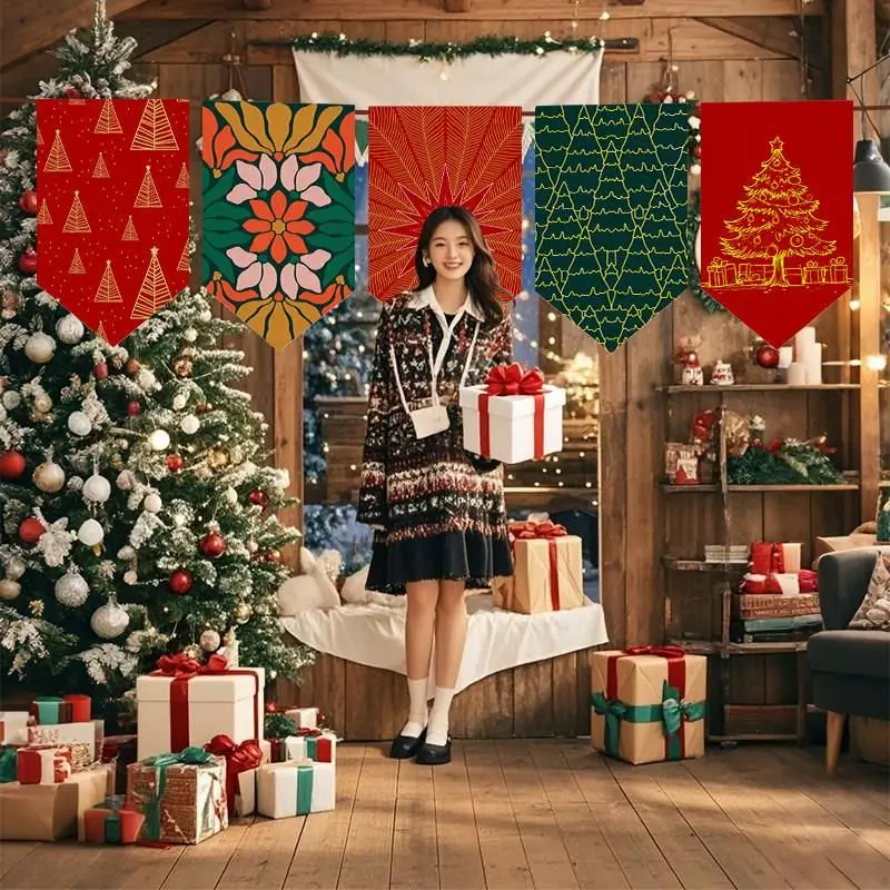 VIKAMA Christmas Triangle Flag Cartoon Santa Gift Xmas Tree Snow Globe Print Pennant Banner For Home Party Window Decor