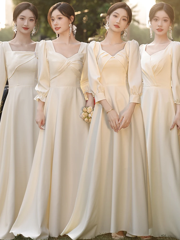 

Шикарное атласное платье цвета шампань с длинными рукавами, А-силуэт, для подружек невесты, для гостей на свадьбу, для женщин, для сестринской группы, особое предложение