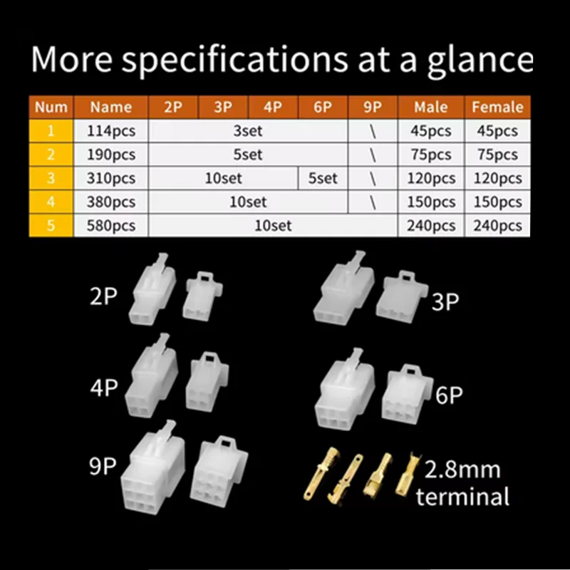 Car Motorcycle Electrical Connectors: 2.8mm 2 3 4 6 9 Pin Wire Terminal Hooks for Male & Female Terminals Assorted Kit