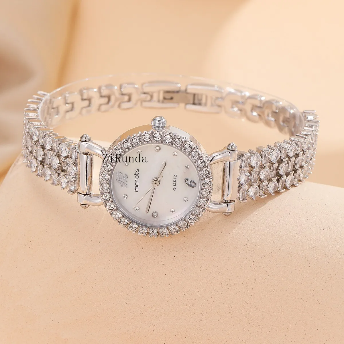 ساعة نسائية دائرية مرصعة بالألماس، ساعة كوارتز قابلة للتعديل بدون سحب #3