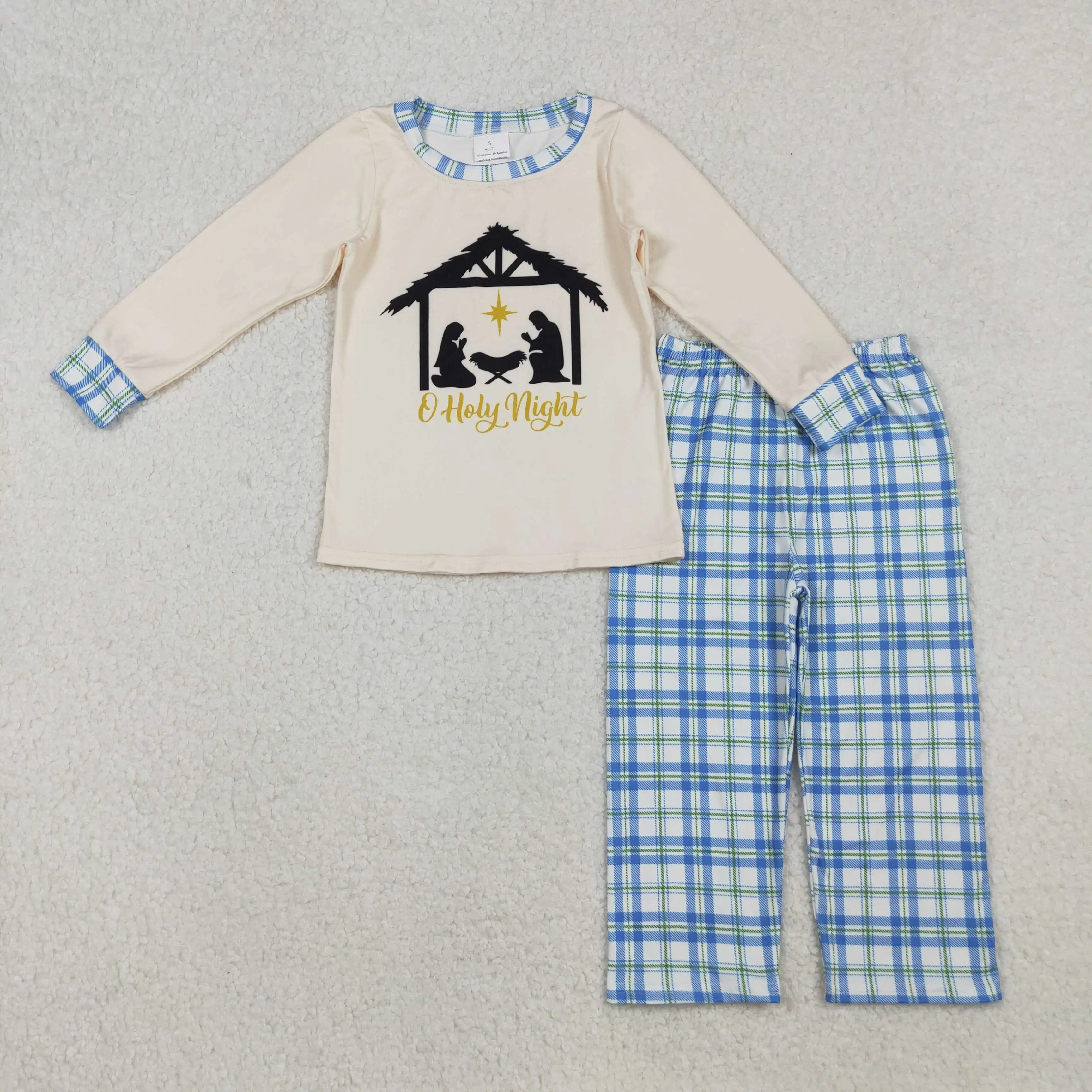 

X10.8 Christmas baby boys clothing wholesale Jesus beige long sleeve blue plaid Pants suit