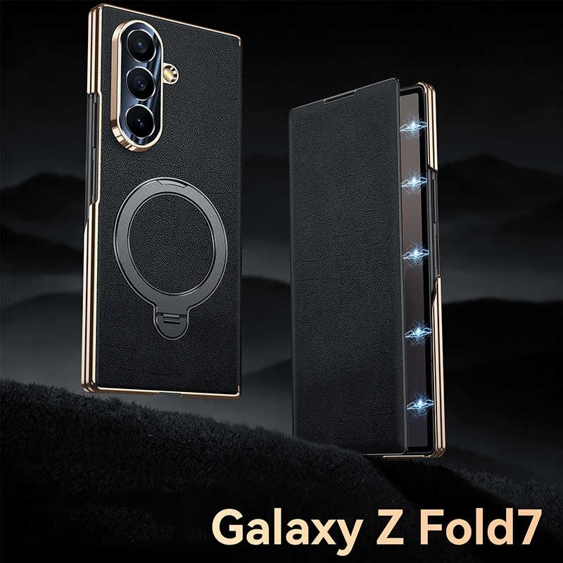 Case For Samsung Galaxy Z Fold 8 7 6 5 W26 W24 Magnetic Flip Genuine Leather Ring Kickstand Frame Full Hinge Fold Phone Cover