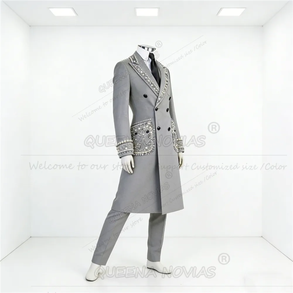

Man Fashion Pearls Beaded Men Suit Attire Long Customized Double Breasted Jacket Pants 2 Piece Groom Wedding Tuxedos Ropa Hombre