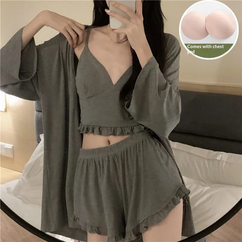 Spring and Summer Hot Selling Women's Solid Color Pajamas Home Suit Three Piece Set Sexy V-Neck Suspender Shorts Home Suit Set