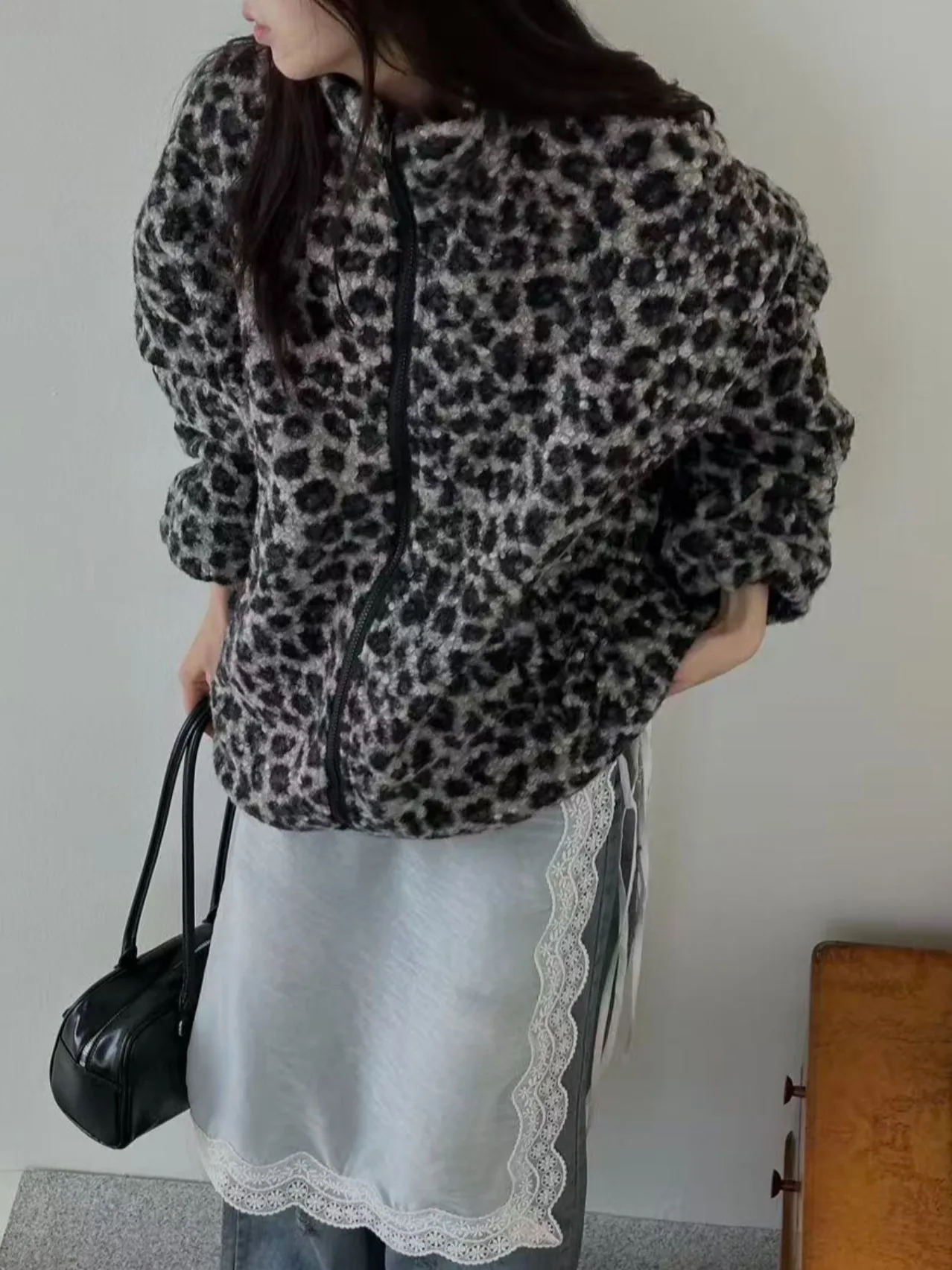 المرأة فروي الوقوف طوق خمر ليوبارد طباعة سستة Jaet الداخلية Fce الخريف الشتاء جديد Faion معطف دافئ طويل Sve #2