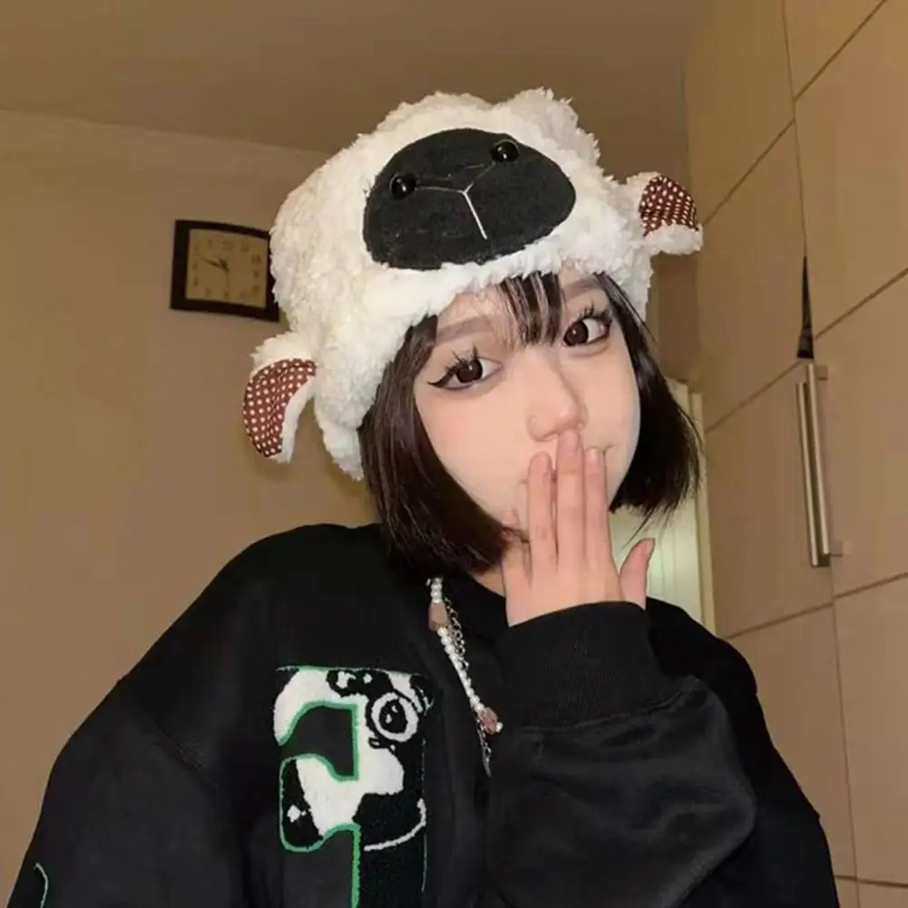 Beanie Cute Cartoon Lamb Head Winter Hat with Thick Fleece for Women Ear Dome Cap for Outdoor Activities Wear Cartoon