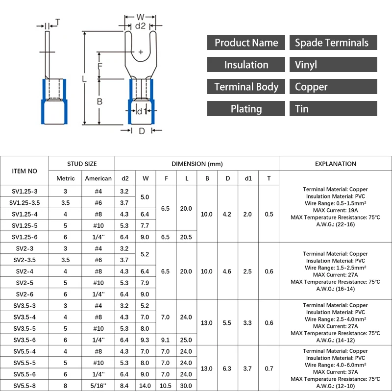 100PCS SV5.5-4 SV5.5-5 SV5.5-6 SV5.5-8 Pre-Insulating Crimp Terminal Cable Wire Connector Insulated Fork Spade Crimp Connector